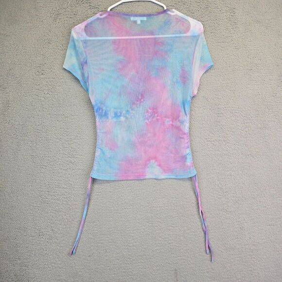 Riley James‎ Top Womens M Blue Pink Tie Dye Micromesh Ruched Rave Music Festive - Picture 5 of 11
